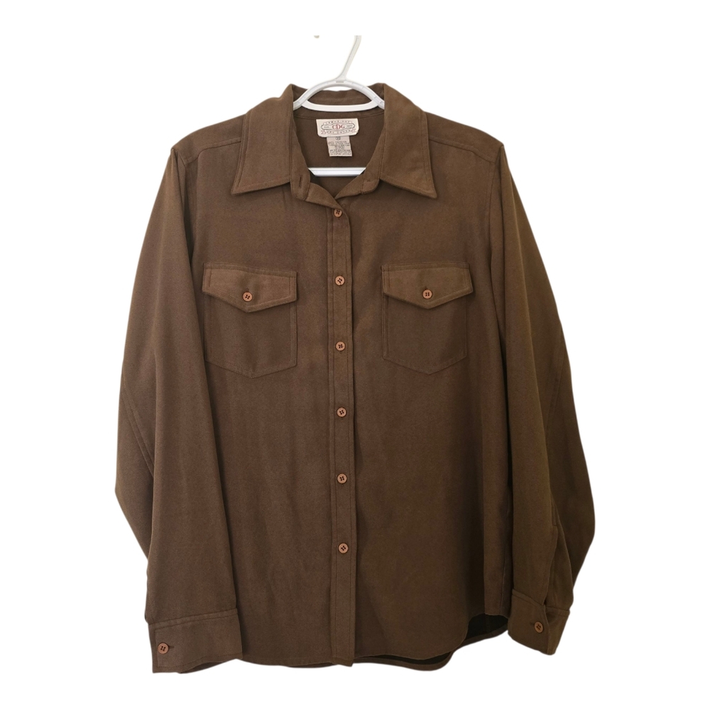 Cambridge Dry Goods Brown Suede Look Shirt Size 10 Vintage Look Button Front Top